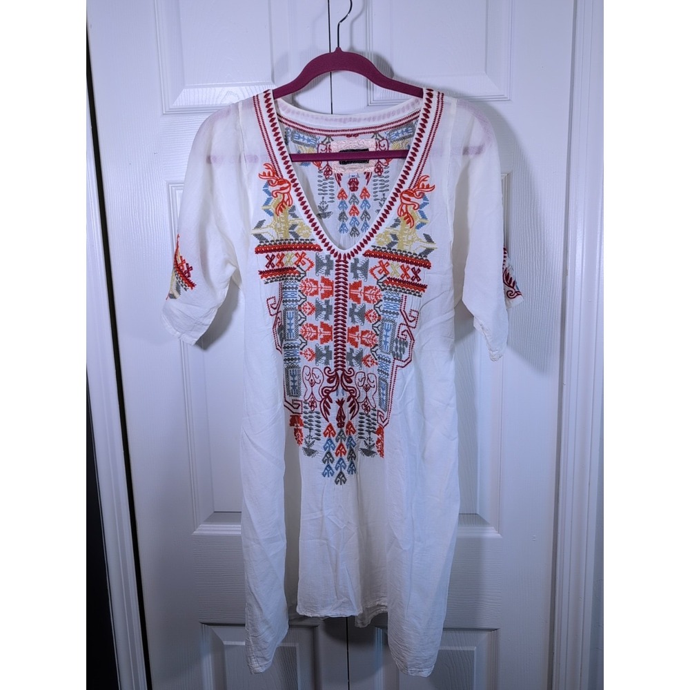 Johnny Was Biya White Cotton Embroidered Dress/ Coverup Medium
